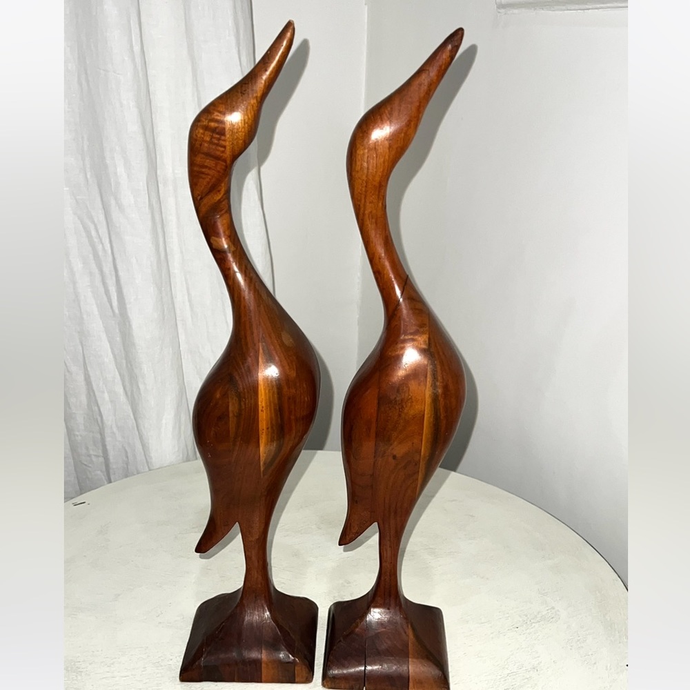Mid Century Modern MCM Walnut Crane Bird Statue Art Sculpture